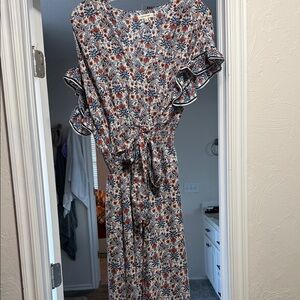 Floral Ruffle Sleeve Midi Dress - Blue & Rust